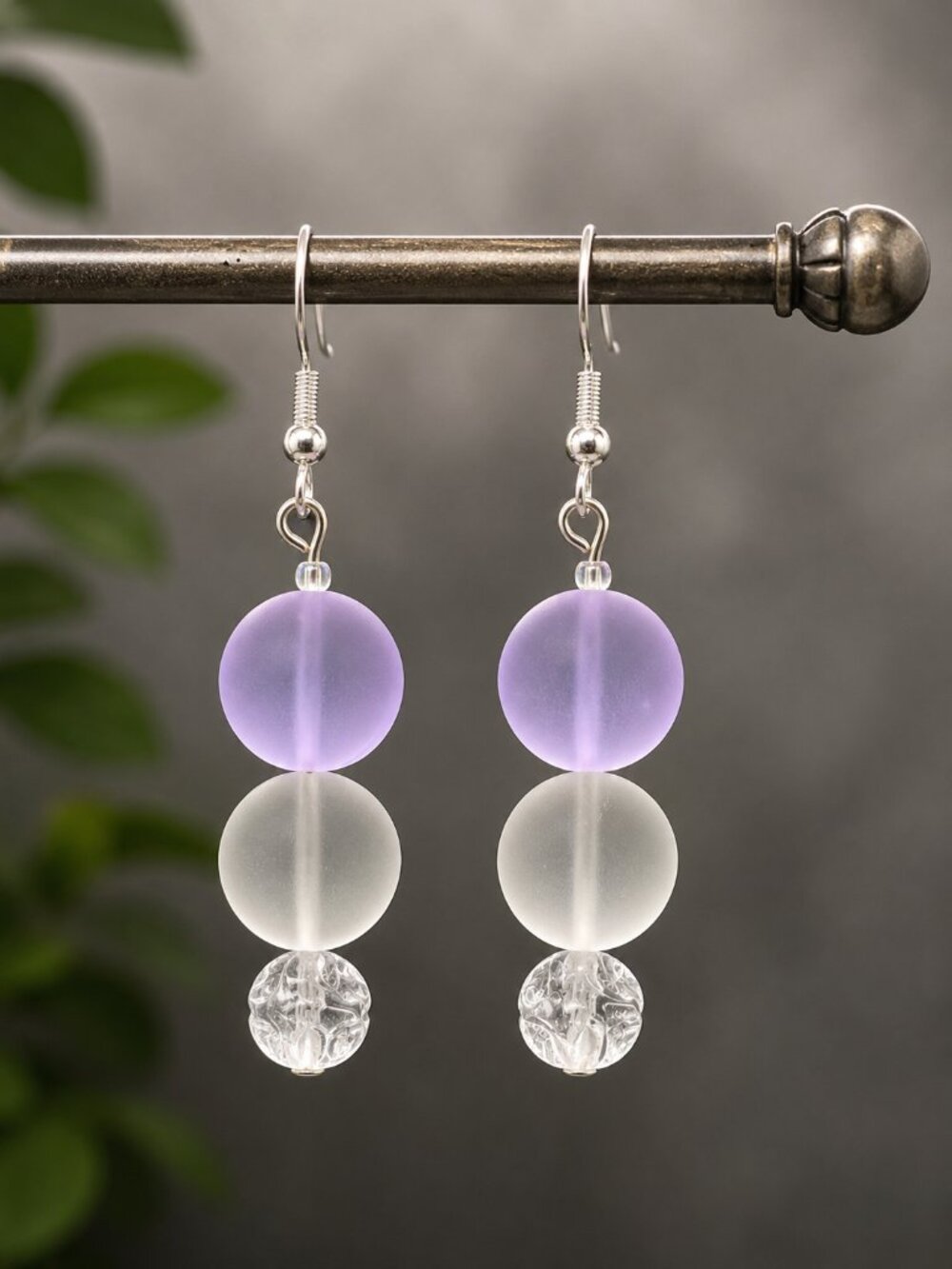 Sea Glass Drop Earrings Purple and White | Handmade - Picture 3 of 5